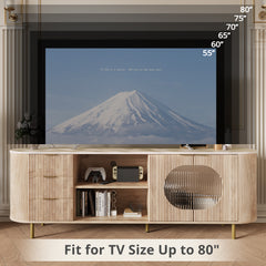 65 Inch Modern TV Stand, Fluted Media Console with Faux Marble Top, Gold Accents, Natural Oak