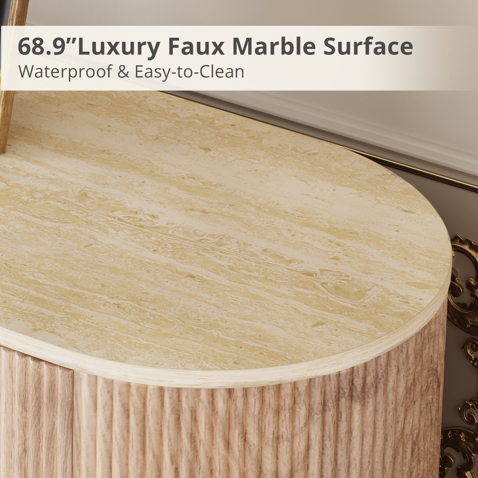 65 Inch Modern TV Stand, Fluted Media Console with Faux Marble Top, Gold Accents, Natural Oak