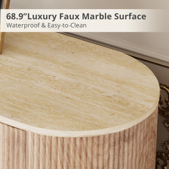65 Inch Modern TV Stand, Fluted Media Console with Faux Marble Top, Gold Accents, Natural Oak