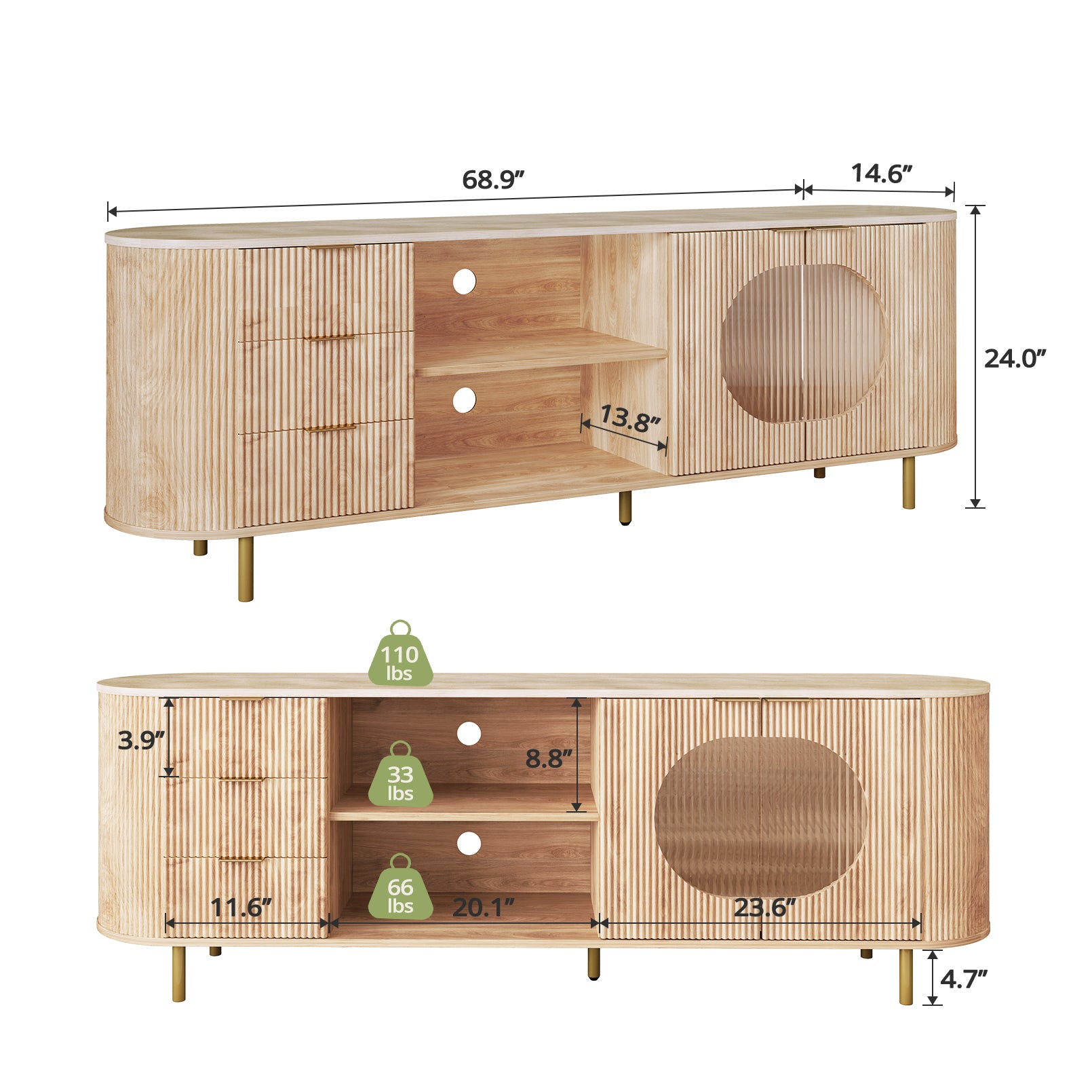 65 Inch Modern TV Stand, Fluted Media Console with Faux Marble Top, Gold Accents, Natural Oak