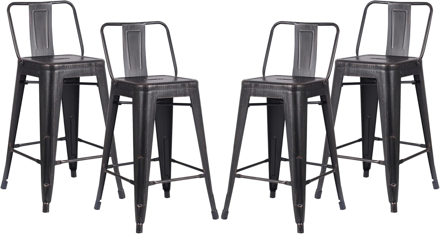 24" Sanded Matte Black Industrial Contemporary Rustic Metal Barstools with Bucket Back, Set of 4