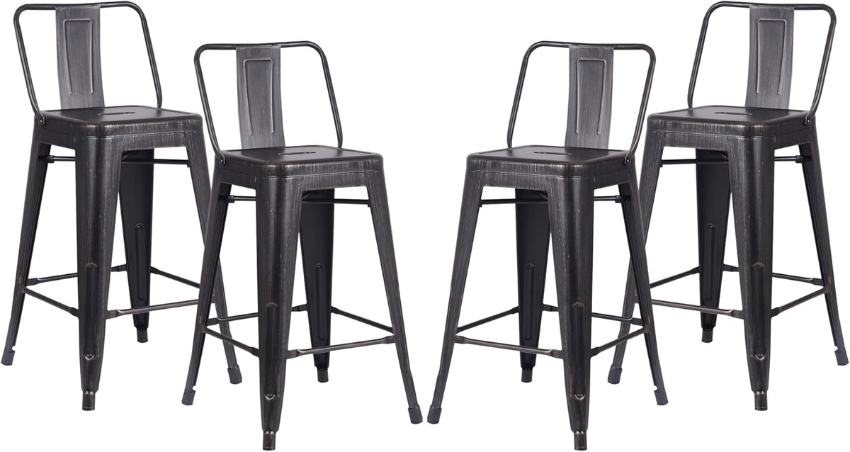 24" Sanded Matte Black Industrial Contemporary Rustic Metal Barstools with Bucket Back, Set of 4
