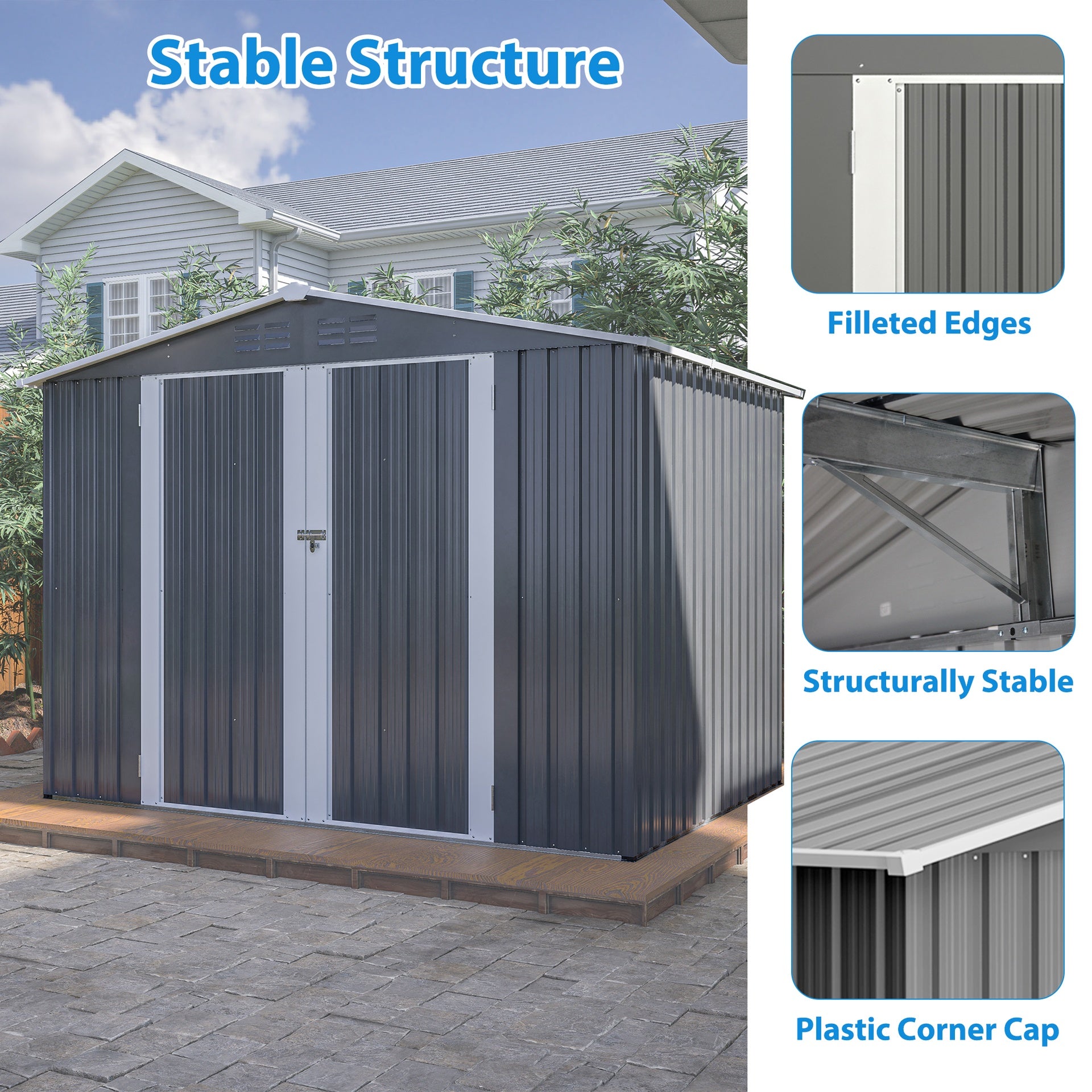 8 x 6 FT Outdoor Waterproof Garden Tool Storage Sheds with Metal Foundation with Floor Frame, Tool Shed with Lockable Hinged Doors & Air Vents, Storage House Waterproof for Backyard, Lawn, Gray