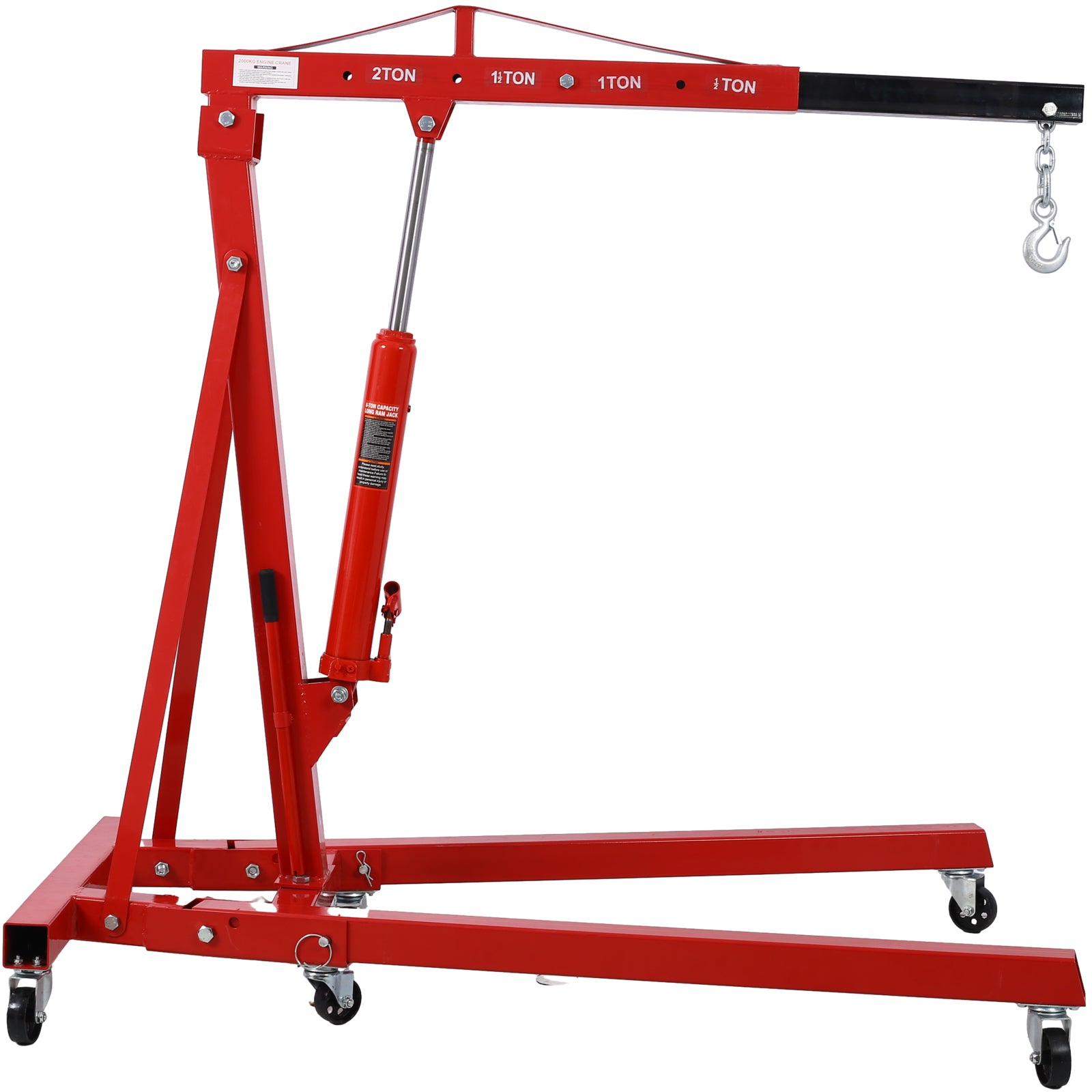 2 Ton Folding Engine Hoist Cherry Picker Shop Crane Hoist Lift, Heavy Duty Steel with 6 Iron Caster Wheels (Red)