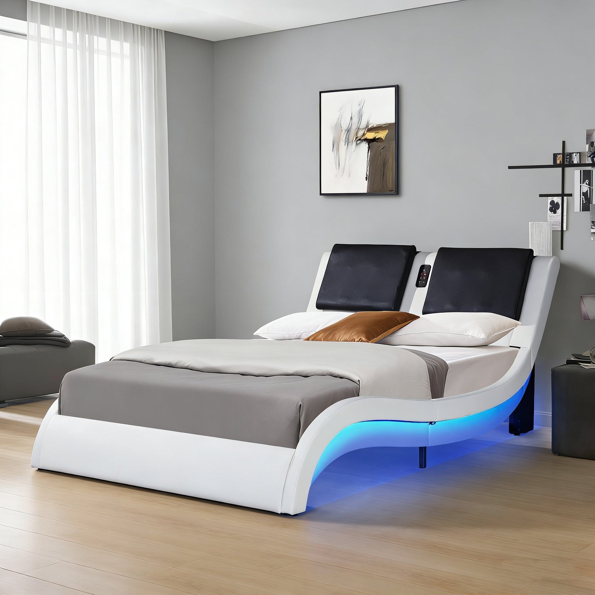 Faux Leather Upholstered Platform Bed Frame with led lighting, Bluetooth connection to play music control, Backrest vibration massage, Curve Design, Wood Slat Support, No Box Spring Needed, Queen