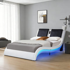Faux Leather Upholstered Platform Bed Frame with led lighting, Bluetooth connection to play music control, Backrest vibration massage, Curve Design, Wood Slat Support, No Box Spring Needed, Queen
