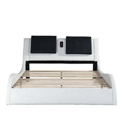 Faux Leather Upholstered Platform Bed Frame with led lighting, Bluetooth connection to play music control, Backrest vibration massage, Curve Design, Wood Slat Support, No Box Spring Needed, Queen