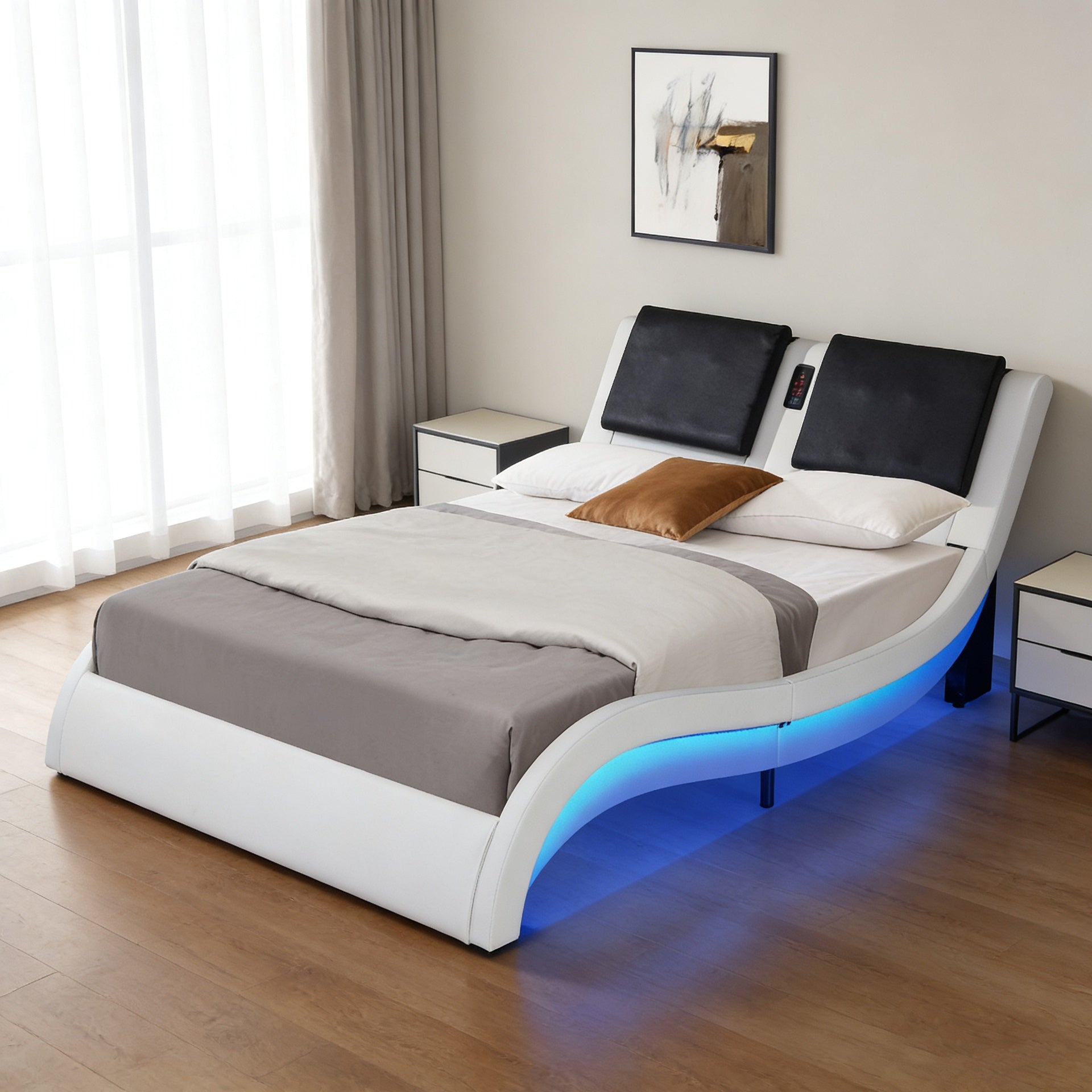 Faux Leather Upholstered Platform Bed Frame with led lighting, Bluetooth connection to play music control, Backrest vibration massage, Curve Design, Wood Slat Support, No Box Spring Needed, Queen