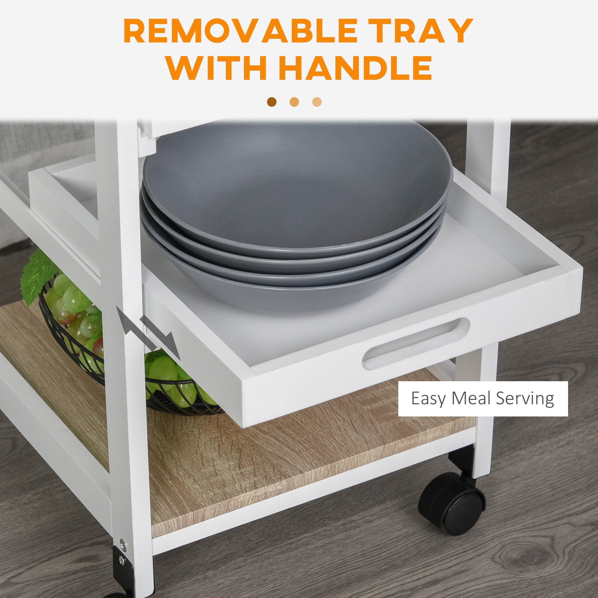 HOMCOM Mobile Kitchen Cart, Rolling Kitchen Island with Storage, Solid Wood Frame Utility Cart with Wire Fruit Baskets, Trays and Drawer, White