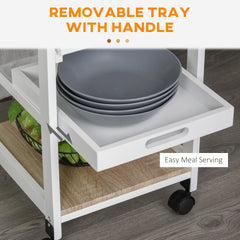 HOMCOM Mobile Kitchen Cart, Rolling Kitchen Island with Storage, Solid Wood Frame Utility Cart with Wire Fruit Baskets, Trays and Drawer, White