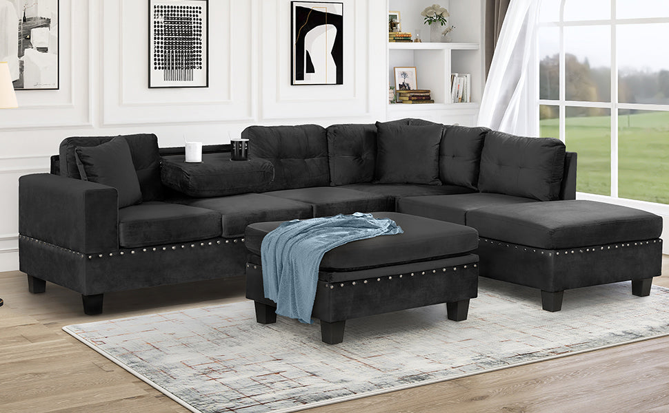 105" Modern Sectional Sofa with Storage Ottoman, L-Shape Couch with 2 Pillows and Cup Holders,Sectional Sofa with Reversible Chaise for Living Room, Black