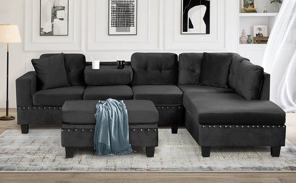 105" Modern Sectional Sofa with Storage Ottoman, L-Shape Couch with 2 Pillows and Cup Holders,Sectional Sofa with Reversible Chaise for Living Room, Black