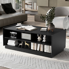 U-Can Modern Rectangle Coffee Table with 4 Drawers and 2 Display Shelves, 47.2" Wood Coffee Table with Fluted Style, Tempered Glass for Living Room