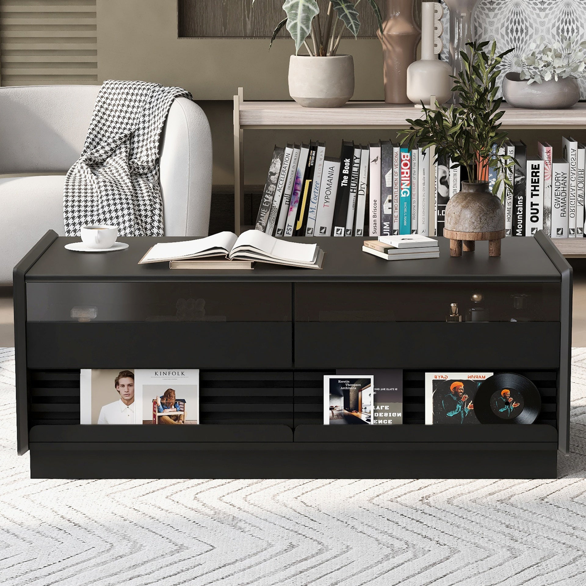 U-Can Modern Rectangle Coffee Table with 4 Drawers and 2 Display Shelves, 47.2" Wood Coffee Table with Fluted Style, Tempered Glass for Living Room