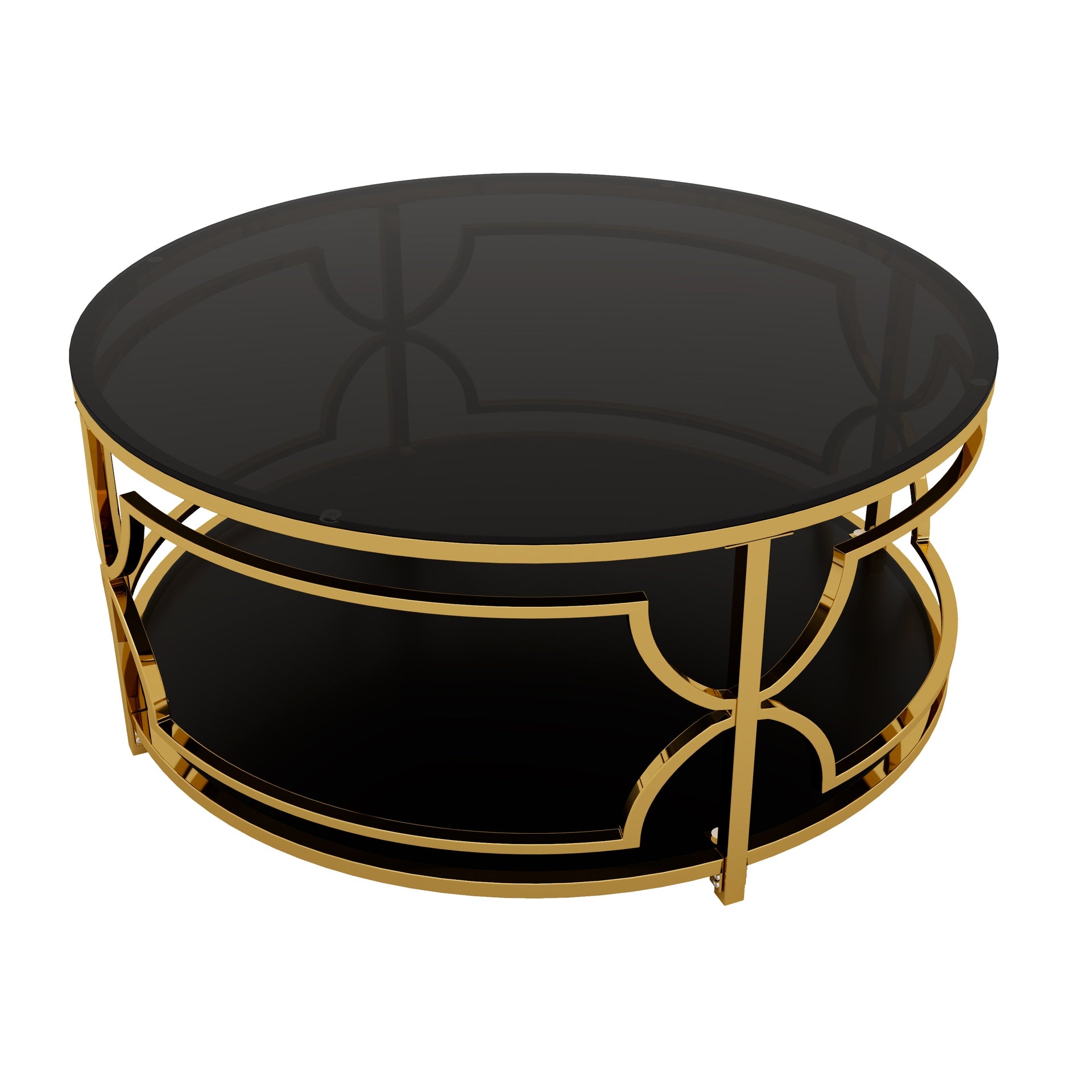 Round Tempered Glass Coffee Table in 30.7",Luxurious Geometric Metal Frame,Gold Finish & Lower Shelf, Black