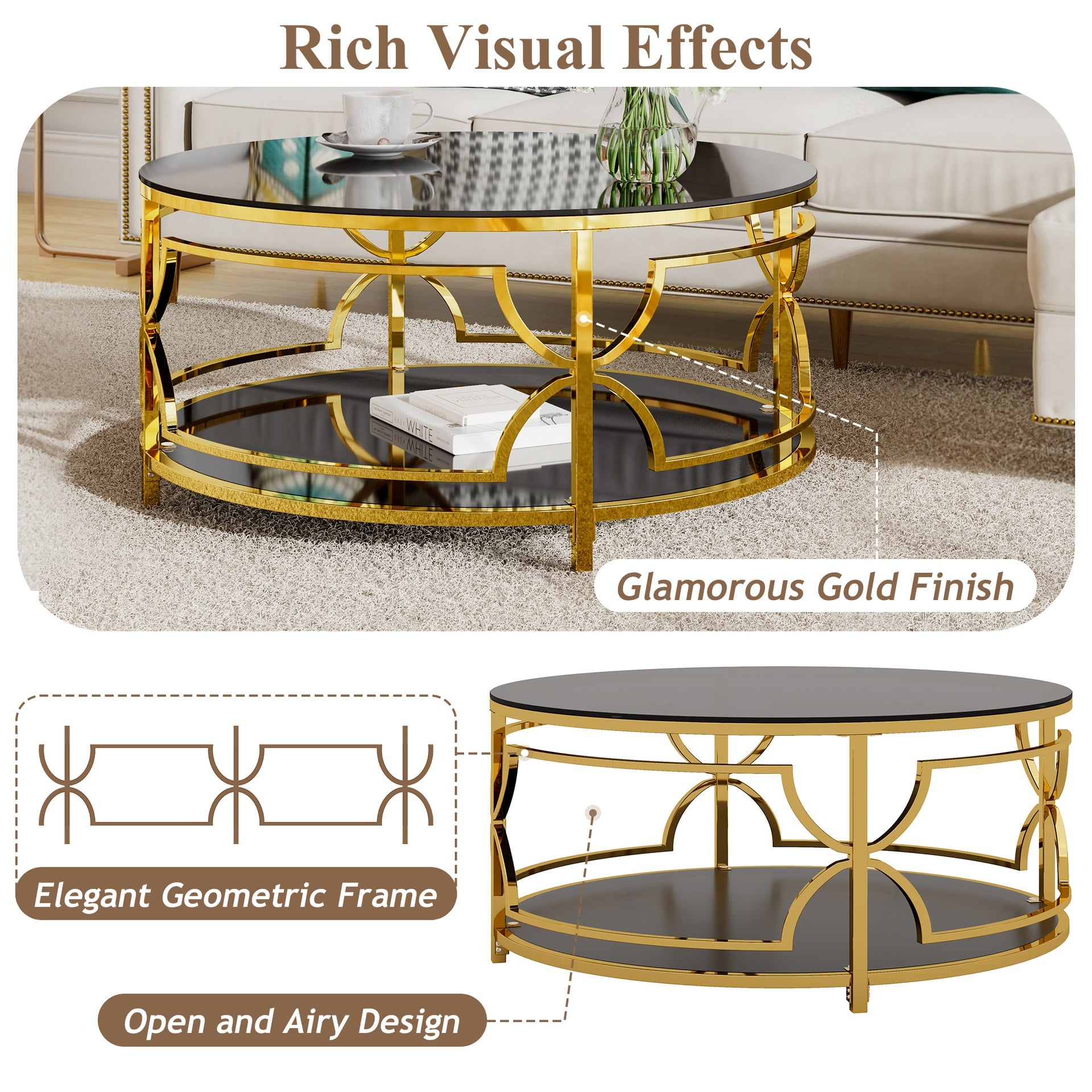 Round Tempered Glass Coffee Table in 30.7",Luxurious Geometric Metal Frame,Gold Finish & Lower Shelf, Black