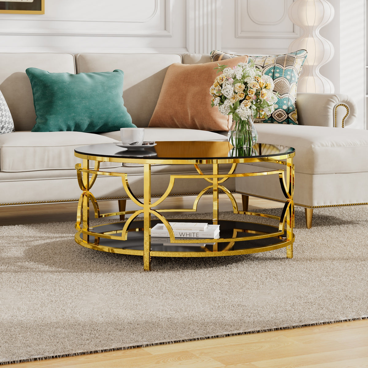 Round Tempered Glass Coffee Table in 30.7",Luxurious Geometric Metal Frame,Gold Finish & Lower Shelf, Black