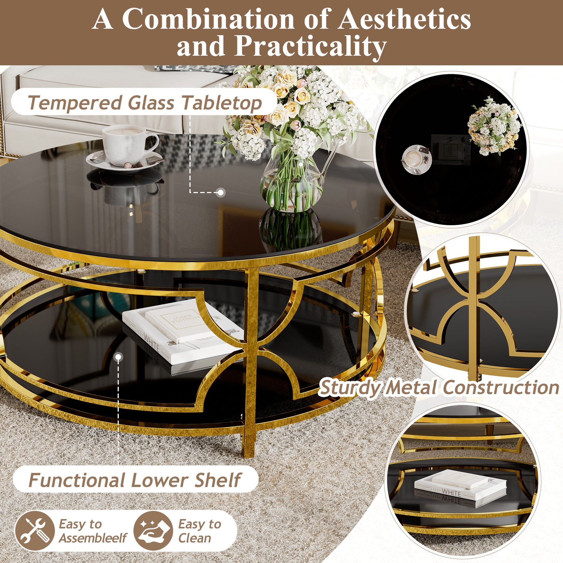 Round Tempered Glass Coffee Table in 30.7",Luxurious Geometric Metal Frame,Gold Finish & Lower Shelf, Black