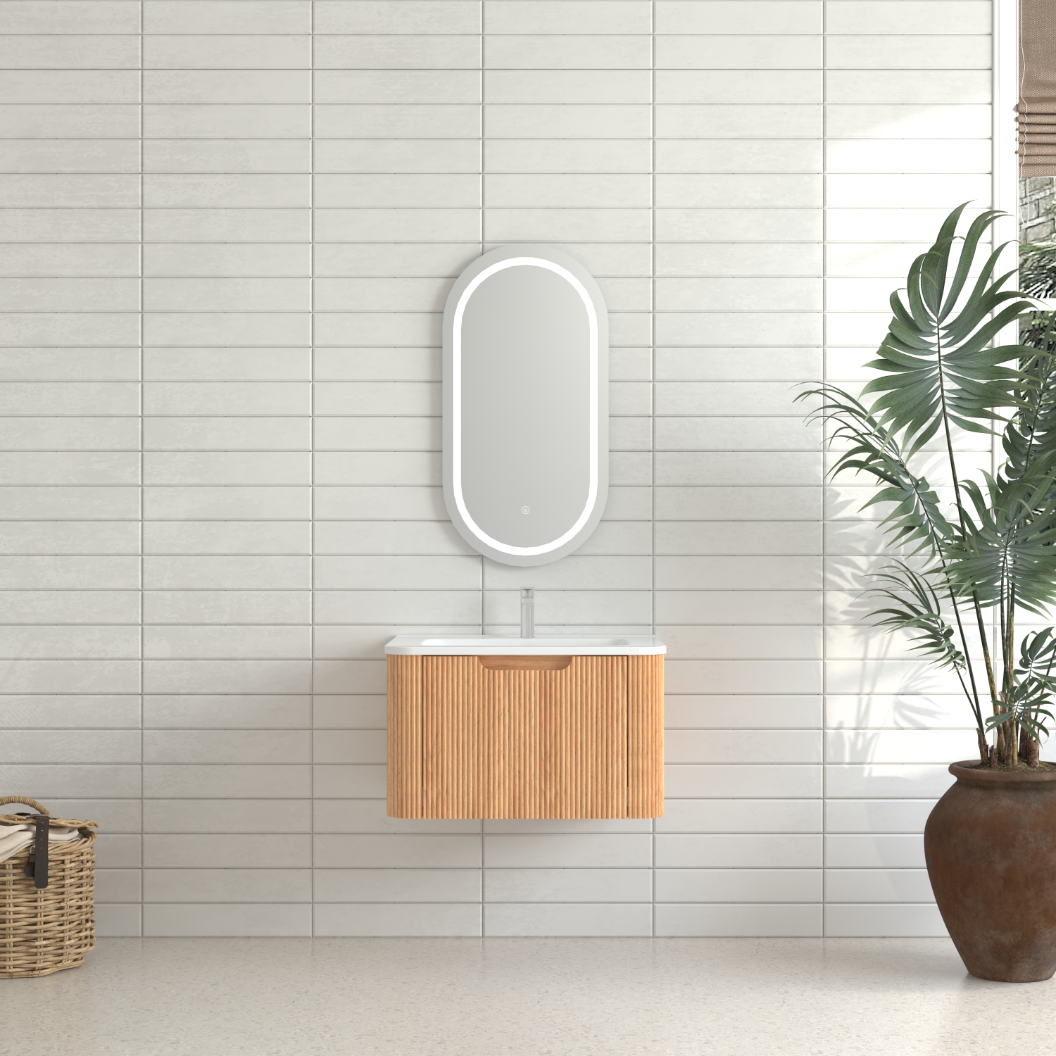 24" Wall-Mounted Floating Bathroom Vanity Pre-Assembled Curved Edge Storage Bathroom Cabinet in Natural Walnut Color with White Ceramic Basin