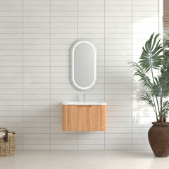 24" Wall-Mounted Floating Bathroom Vanity Pre-Assembled Curved Edge Storage Bathroom Cabinet in Natural Walnut Color with White Ceramic Basin