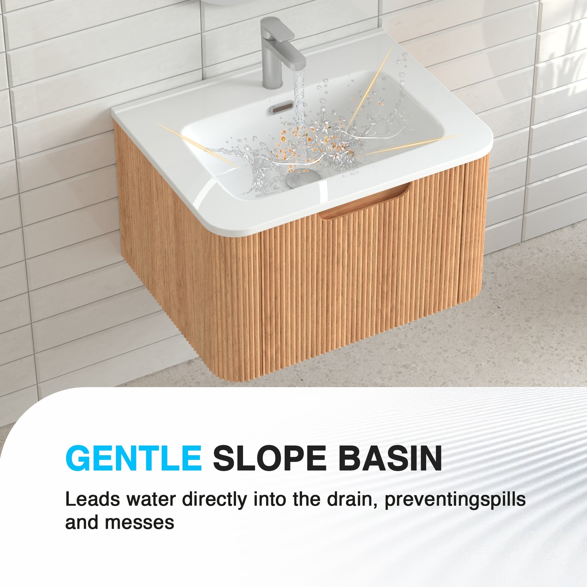 24" Wall-Mounted Floating Bathroom Vanity Pre-Assembled Curved Edge Storage Bathroom Cabinet in Natural Walnut Color with White Ceramic Basin