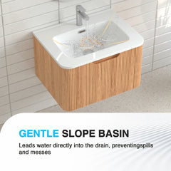 24" Wall-Mounted Floating Bathroom Vanity Pre-Assembled Curved Edge Storage Bathroom Cabinet in Natural Walnut Color with White Ceramic Basin