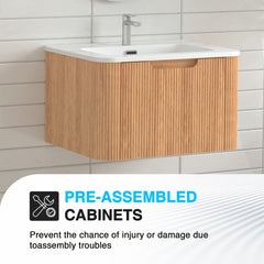 24" Wall-Mounted Floating Bathroom Vanity Pre-Assembled Curved Edge Storage Bathroom Cabinet in Natural Walnut Color with White Ceramic Basin