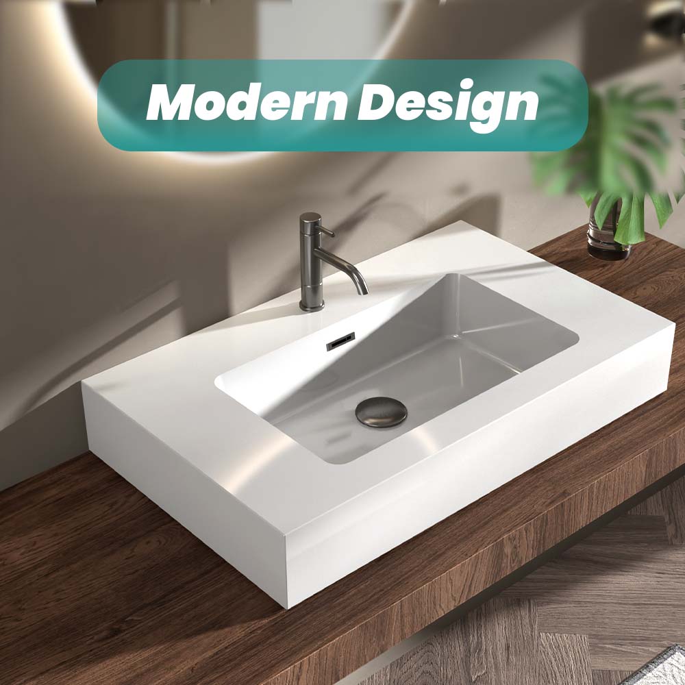 BB02-30-101, Integrated solid surface basin WITHOUT drain and faucet, glossy white color