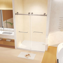 Frameless Double Sliding Shower Door 56-60 "W x 74" H, 5/16 "(8mm) Tempered Glass, Explosion Proof Film, Stainless Steel Handle, Square Tube Track,Brushed Nickel