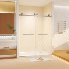 Frameless Double Sliding Shower Door 56-60 "W x 74" H, 5/16 "(8mm) Tempered Glass, Explosion Proof Film, Stainless Steel Handle, Square Tube Track,Brushed Nickel