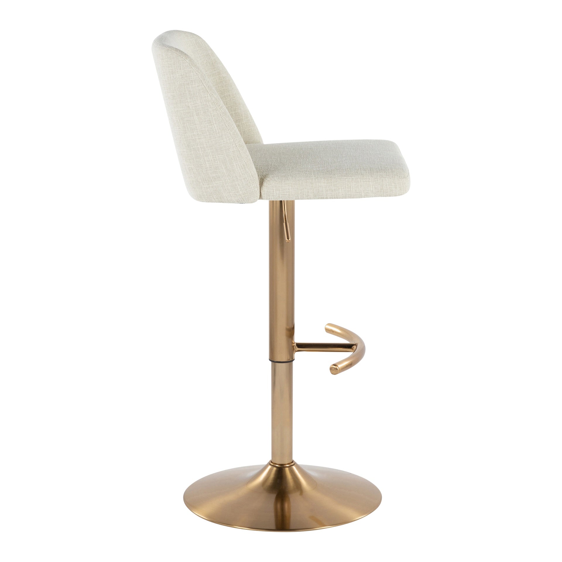Toriano Contemporary Adjustable Barstool with Swivel in Cream Fabric and Gold Metal with Rounded T Footrest by LumiSource - Set of 2