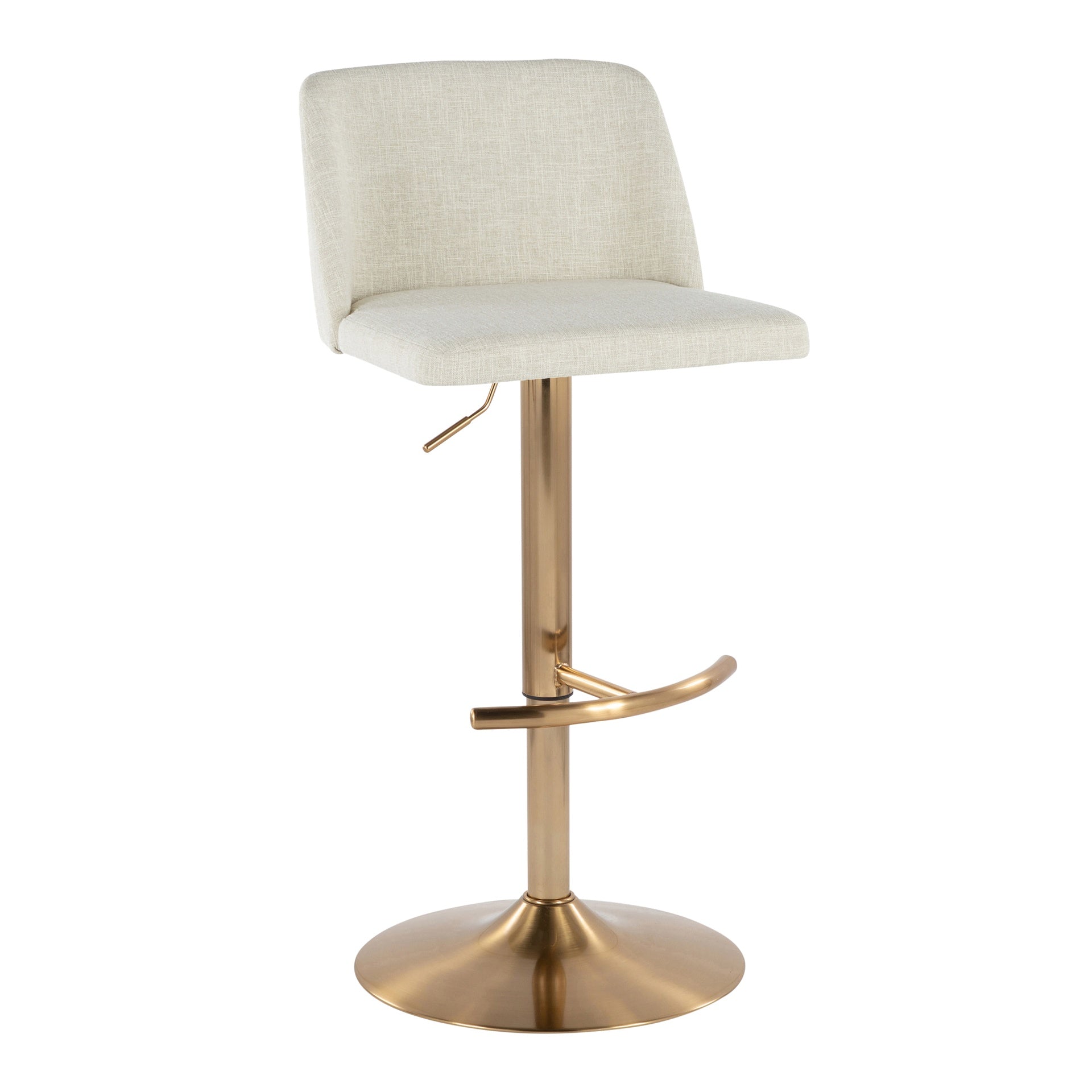 Toriano Contemporary Adjustable Barstool with Swivel in Cream Fabric and Gold Metal with Rounded T Footrest by LumiSource - Set of 2