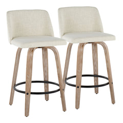 Toriano 26" Contemporary Fixed-Height Counter Stool with Swivel in Whitewashed Wood and Cream Fabric with Round Black Metal Footrest by LumiSource - Set of 2