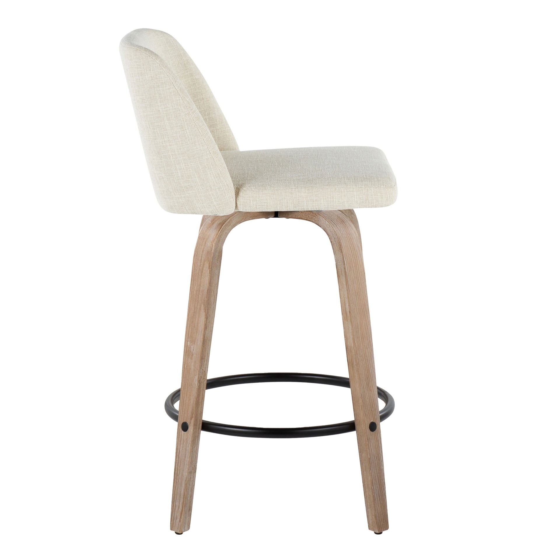 Toriano 26" Contemporary Fixed-Height Counter Stool with Swivel in Whitewashed Wood and Cream Fabric with Round Black Metal Footrest by LumiSource - Set of 2