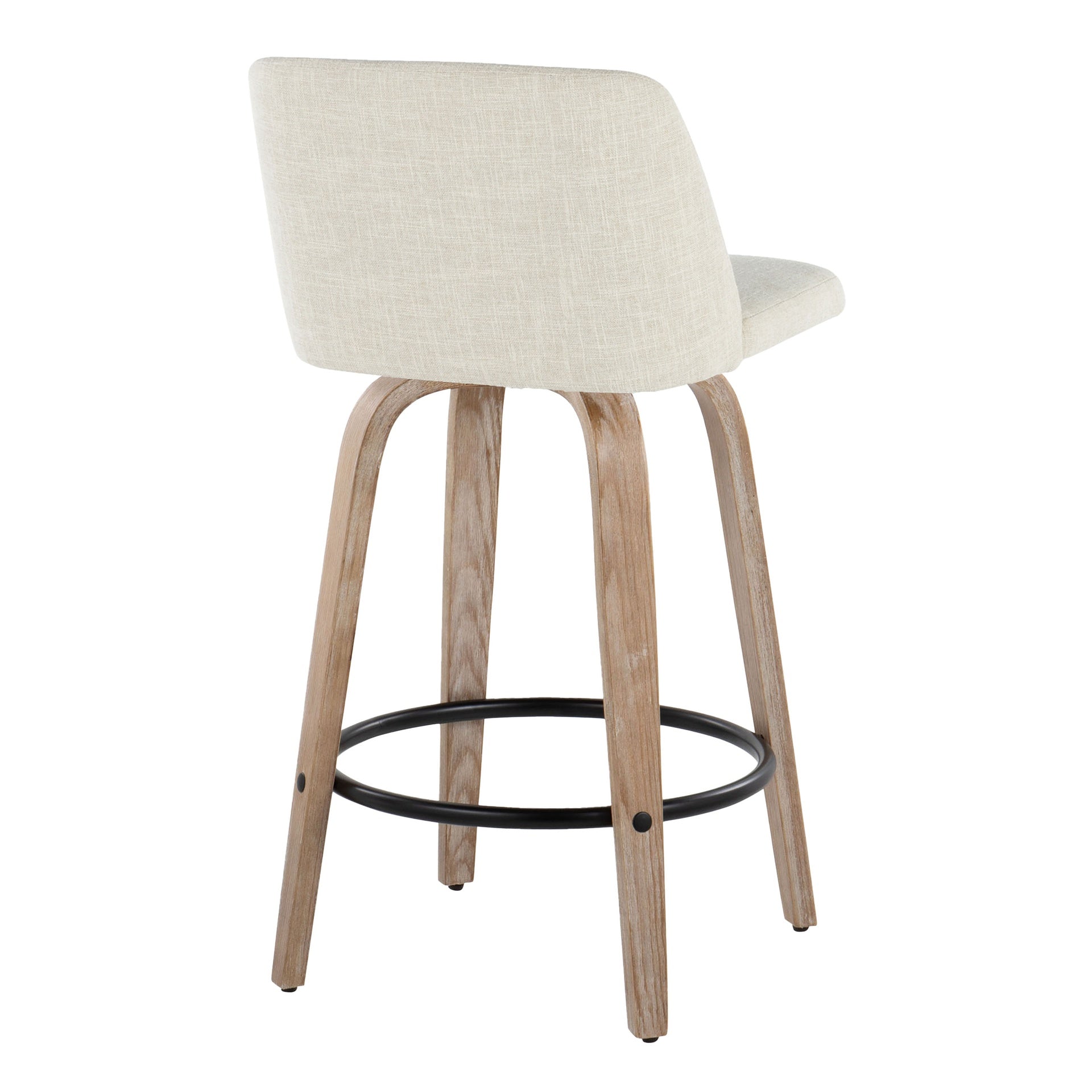 Toriano 26" Contemporary Fixed-Height Counter Stool with Swivel in Whitewashed Wood and Cream Fabric with Round Black Metal Footrest by LumiSource - Set of 2