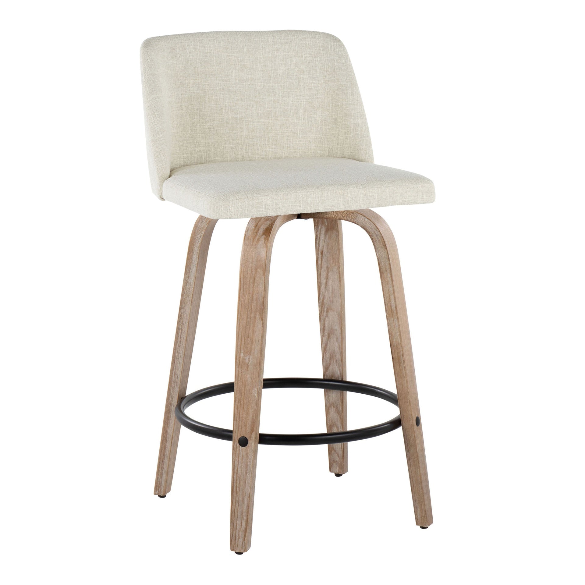 Toriano 26" Contemporary Fixed-Height Counter Stool with Swivel in Whitewashed Wood and Cream Fabric with Round Black Metal Footrest by LumiSource - Set of 2