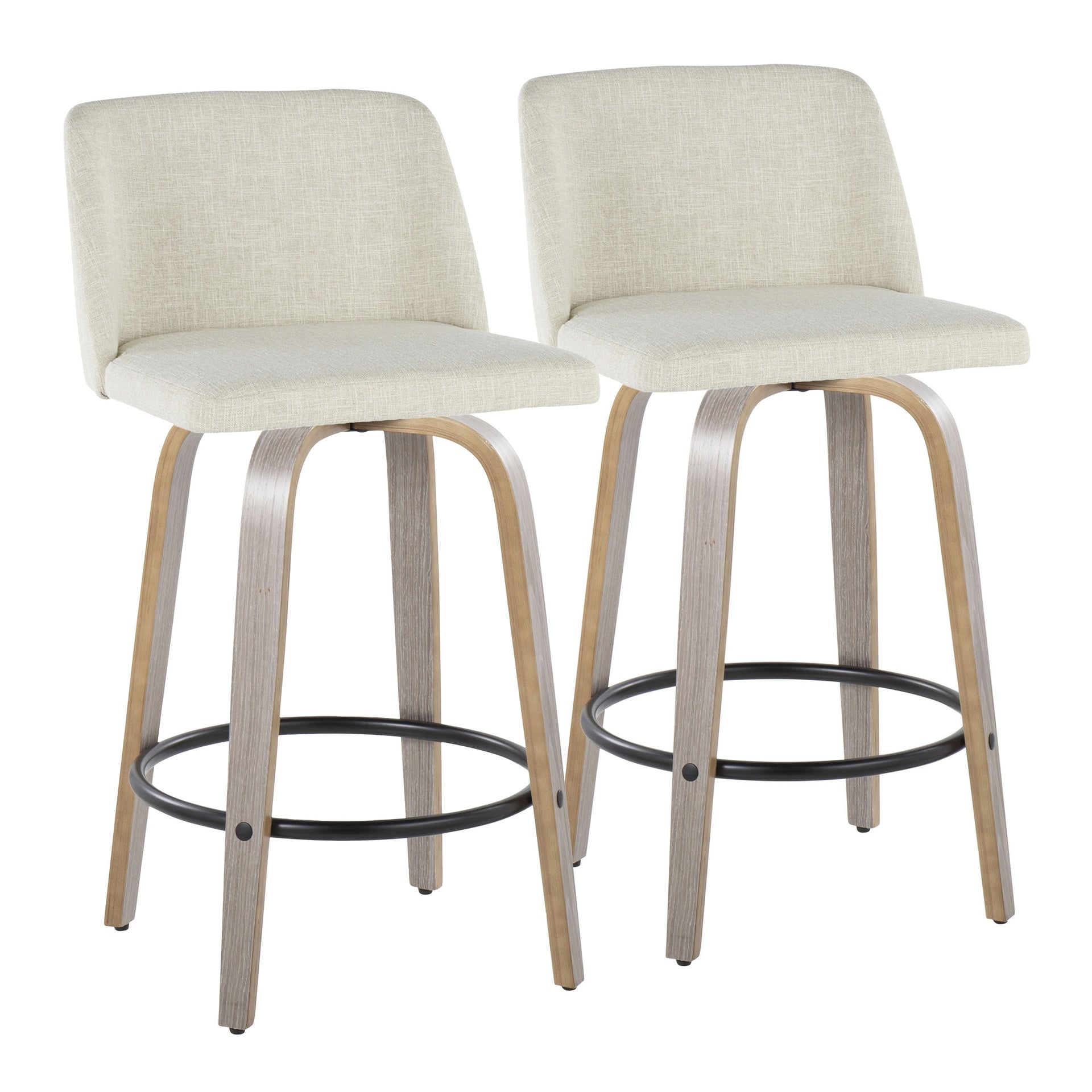 Toriano 26" Contemporary Fixed-Height Counter Stool with Swivel in Light Grey Wood and Cream Fabric with Round Black Metal Footrest by LumiSource - Set of 2
