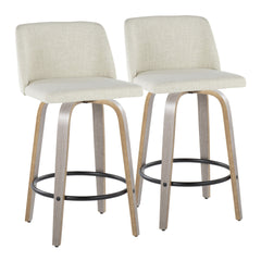 Toriano 26" Contemporary Fixed-Height Counter Stool with Swivel in Light Grey Wood and Cream Fabric with Round Black Metal Footrest by LumiSource - Set of 2
