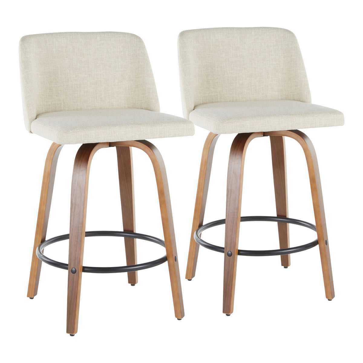Toriano Mid-Century Modern Counter Stool in Walnut and Cream Fabric by LumiSource - Set of 2