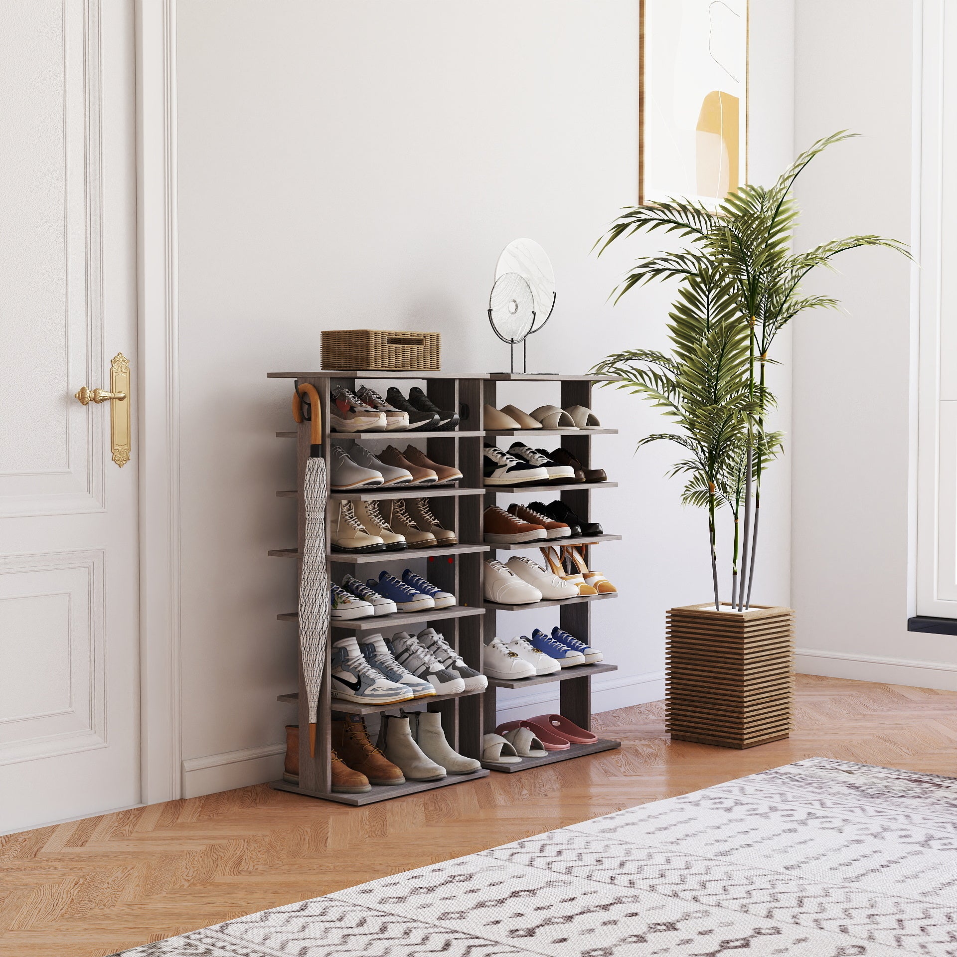 Shoe Rack,7 Tier Shoe Storage Organizer with Hooks, Entryway Shoe Tower,12-14Pairs Shoes,Vertical Shoe Organizer,Vertical Shoe Organizer,Easy Assemble,Saving Space,Rustic Gray