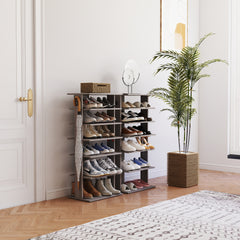 Shoe Rack,7 Tier Shoe Storage Organizer with Hooks, Entryway Shoe Tower,12-14Pairs Shoes,Vertical Shoe Organizer,Vertical Shoe Organizer,Easy Assemble,Saving Space,Rustic Gray