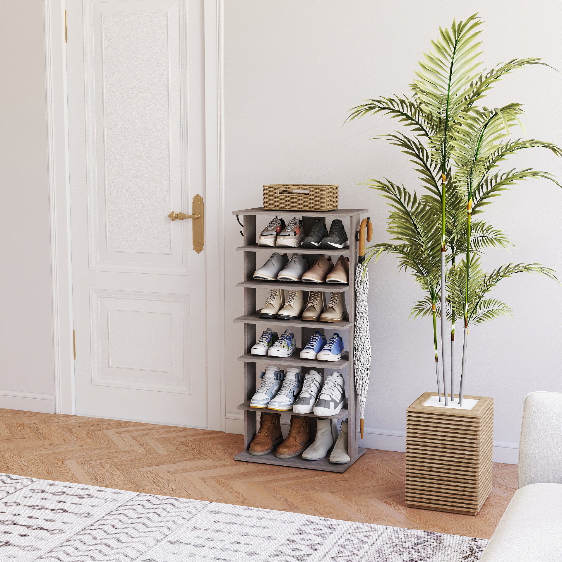 Shoe Rack,7 Tier Shoe Storage Organizer with Hooks, Entryway Shoe Tower,12-14Pairs Shoes,Vertical Shoe Organizer,Vertical Shoe Organizer,Easy Assemble,Saving Space,Rustic Gray