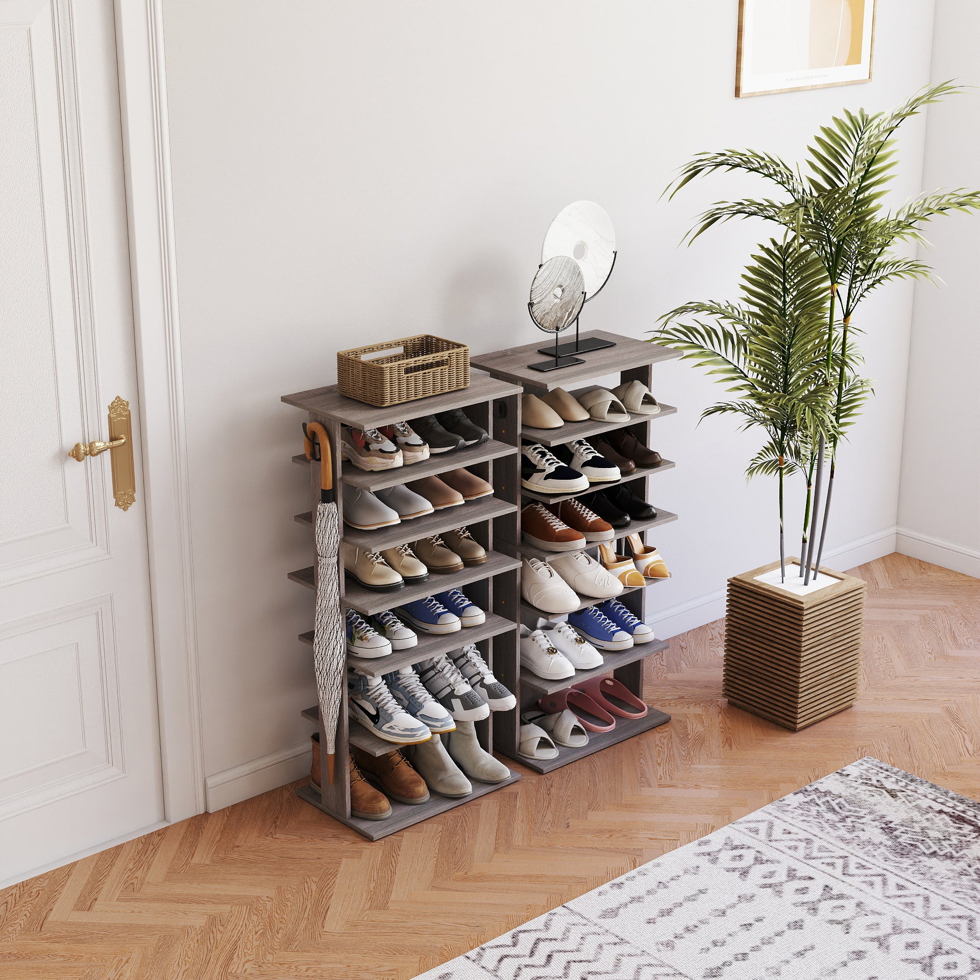 Shoe Rack,7 Tier Shoe Storage Organizer with Hooks, Entryway Shoe Tower,12-14Pairs Shoes,Vertical Shoe Organizer,Vertical Shoe Organizer,Easy Assemble,Saving Space,Rustic Gray