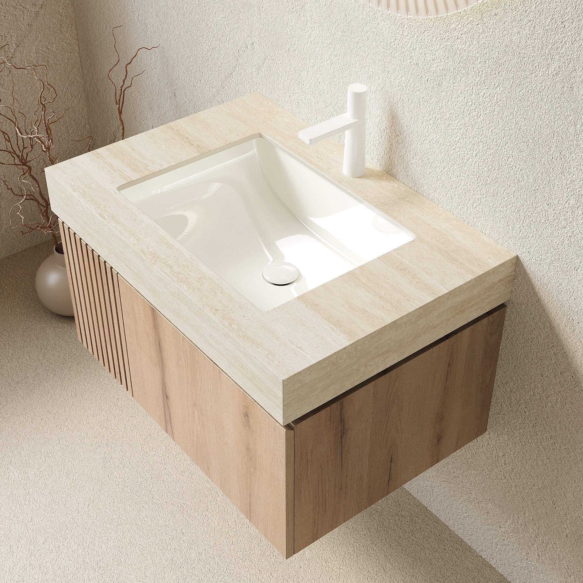 MURI 30" Bathroom Vanity&Sink, Floating Plywood Storage Cabinet with Drawer&Door, Roma Travertine Sintered Stone Top&Ceramic Basin with 1 Pre-drilled Faucet Hole, Pre-assembled, White Oak Woodgrain