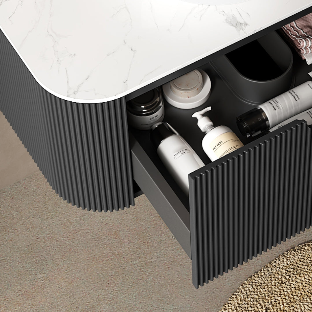 DINA 30'' Wall Mounted Plywood Cabinet with Carrara White Sintered Stone Countertop, One Drawer, NO Basin, NO Faucet and Drain, Black Color