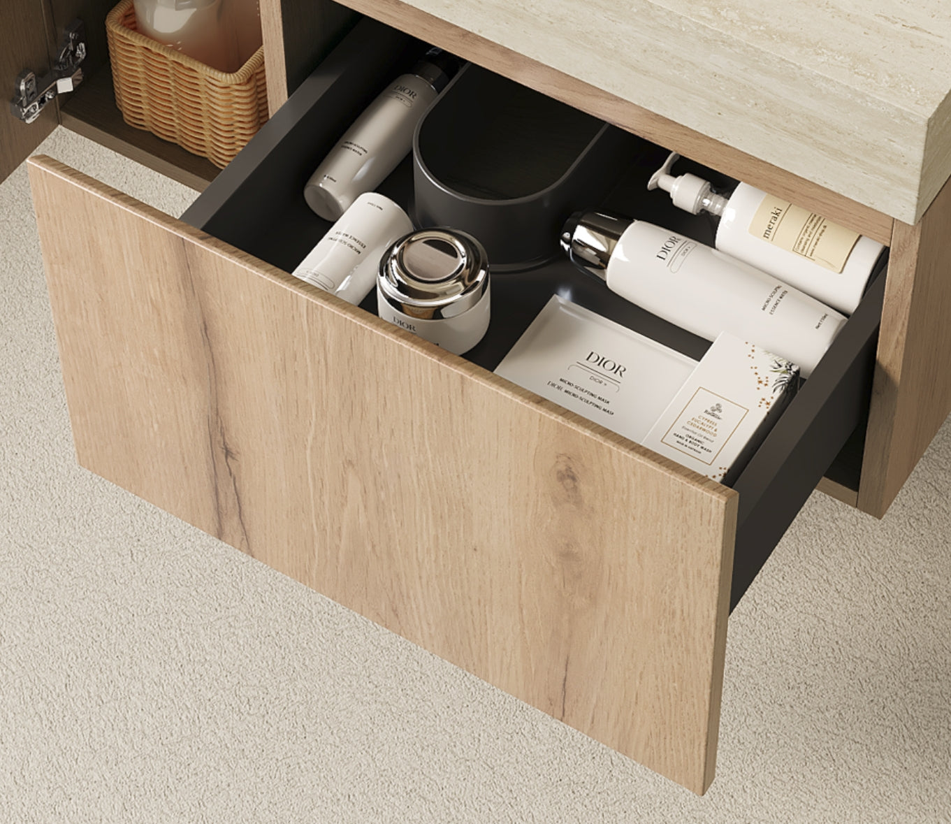 30" MURI White Oak Woodgrain Plywood Cabinet with Double Doors and One Drawer, NO Basin and Top, NO Faucet and Sink Cover