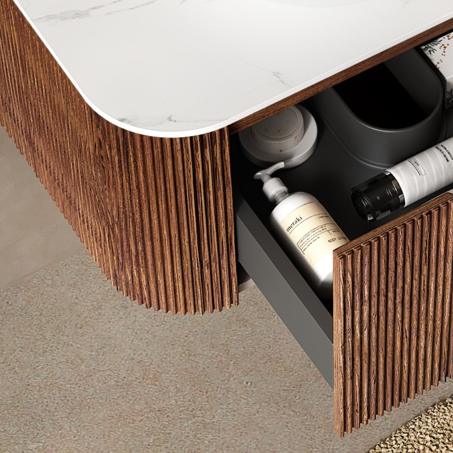 DINA 24'' Wall Mounted Cabinet, with Carrara White Artificial Marble Countertop and Drawer, NO Basin, NO Faucet, Dark Walnut Woodgrain Color