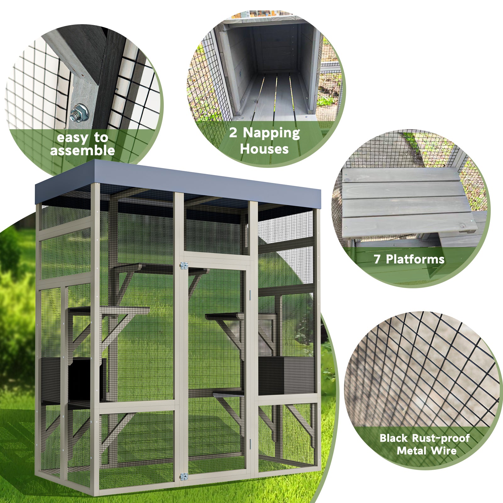 Gray Wooden Catio Outdoor Pet Enclosure with Waterproof Top, Spacious and Secure Cat House & Small Animal Cage,2 Napping Boxes
