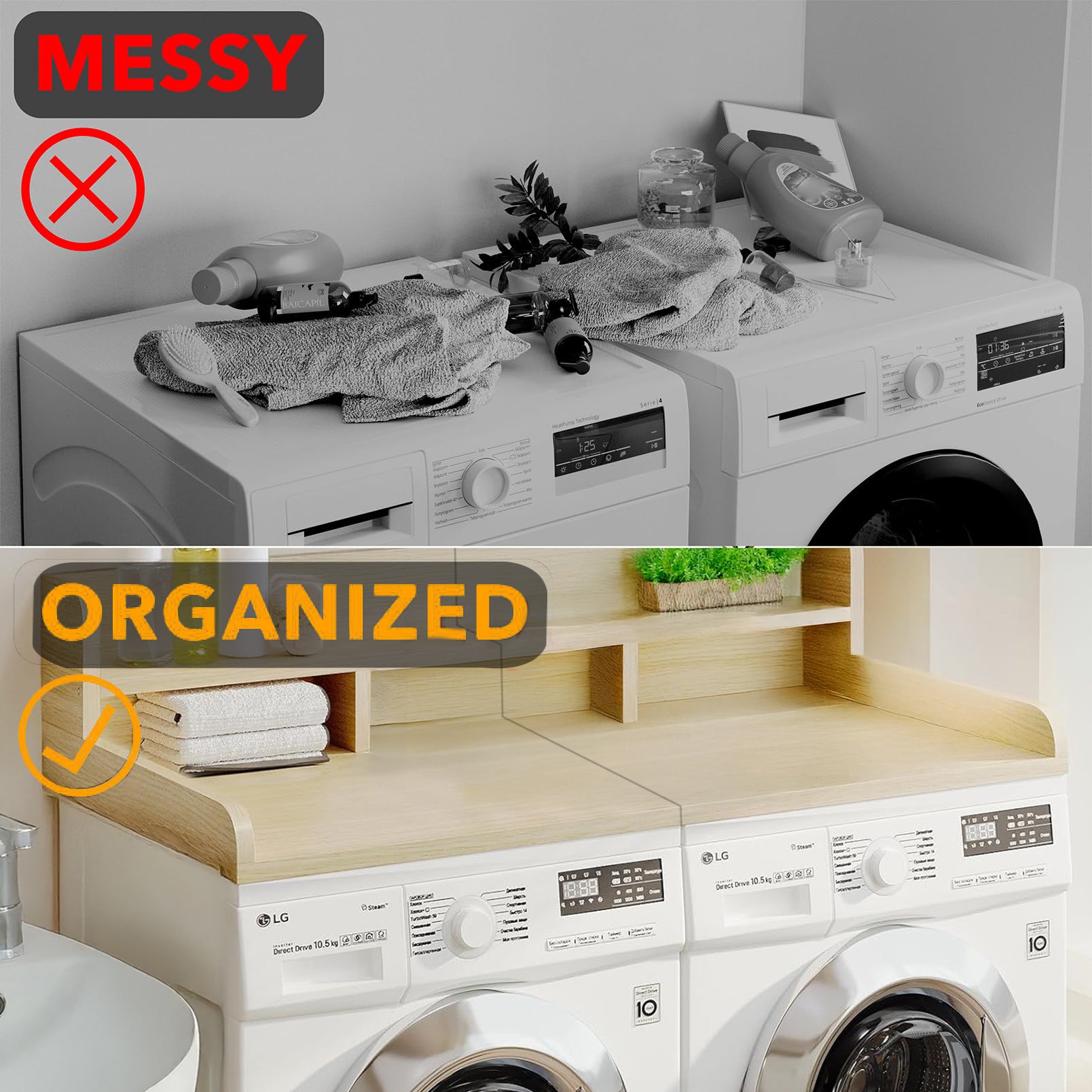 Washer Dryer Countertop with Non-slip Pads, Laundry Wood Shelf Topper with Edge, 54" Width x 27.5" Depth Double Layer Organizer for Washer and Dryer Laundry Hamper Counter Storage Organization (OAK)
