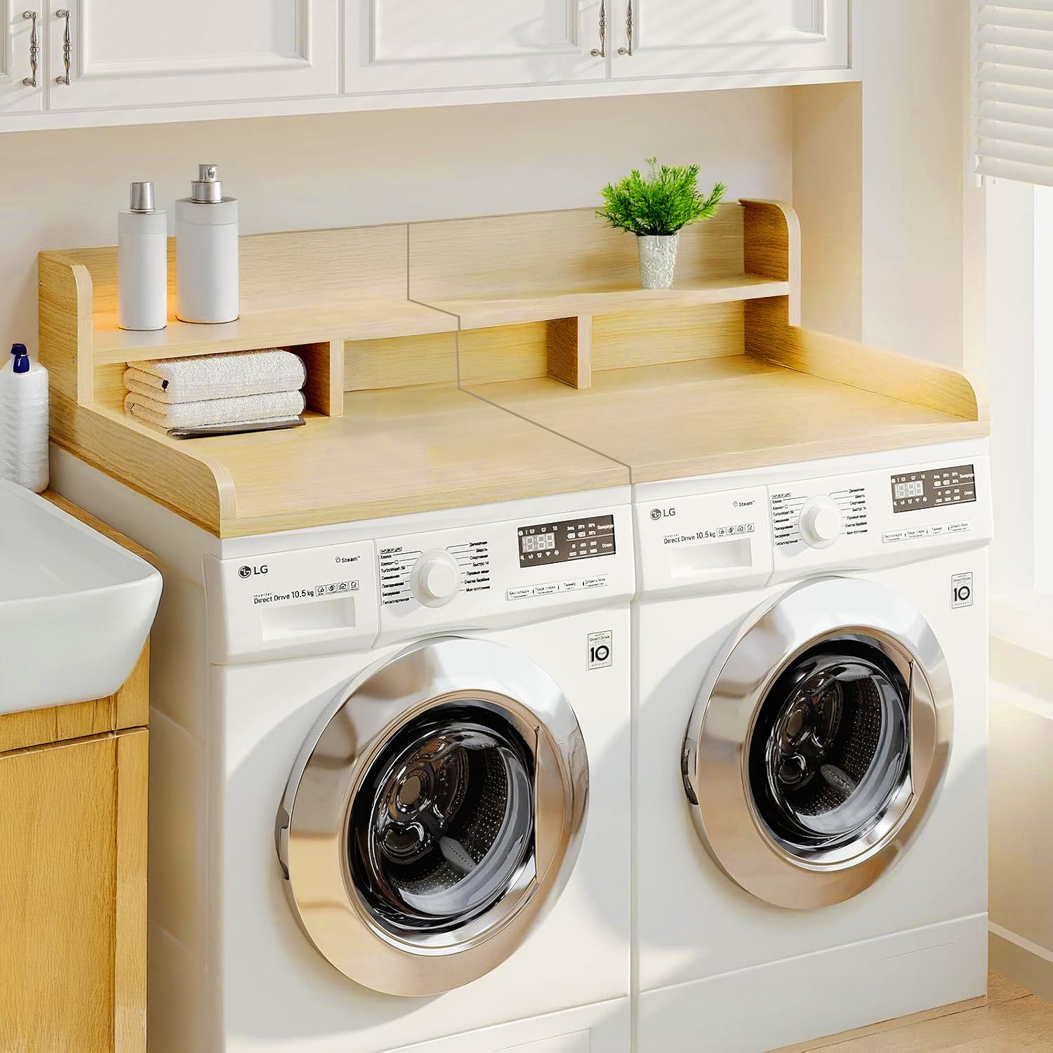 Washer Dryer Countertop with Non-slip Pads, Laundry Wood Shelf Topper with Edge, 54" Width x 27.5" Depth Double Layer Organizer for Washer and Dryer Laundry Hamper Counter Storage Organization (OAK)